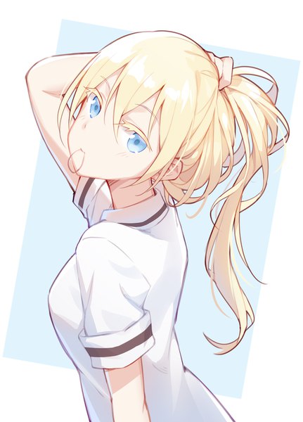 Anime picture 1078x1500 with asobi asobase olivia (asobi asobase) quan (kurisu tina) single long hair tall image looking at viewer blush fringe blue eyes simple background blonde hair hair between eyes holding upper body head tilt looking back arm up short sleeves mouth hold