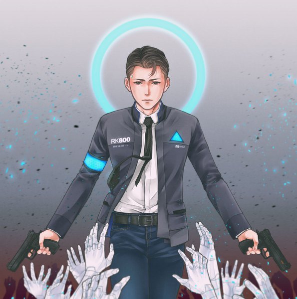 Anime picture 1190x1200 with detroit: become human connor (detroit) princeofredroses single tall image looking at viewer short hair brown hair standing holding brown eyes inscription grey background gradient background clothes writing dual wielding mechanical arms boy uniform weapon