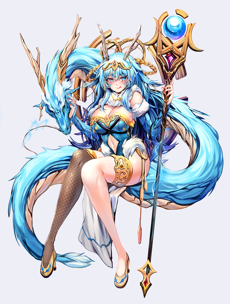 Anime picture 1700x2246 with original zerocat single long hair tall image looking at viewer fringe breasts blue eyes light erotic simple background hair between eyes large breasts sitting holding blue hair cleavage full body horn (horns) grey background