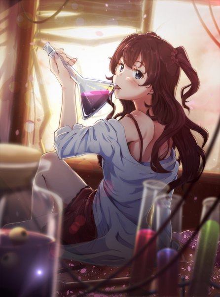 Anime picture 893x1200 with idolmaster idolmaster cinderella girls ichinose shiki casino (casinoep) single long hair tall image looking at viewer blush blue eyes light erotic brown hair sitting holding looking back arm up blurry off shoulder two side up depth of field