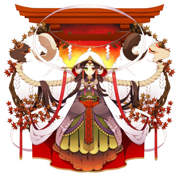 Anime picture 1000x1000 with original pixiv fantasia ni02 (asahi nini) single looking at viewer black hair simple background white background very long hair traditional clothes japanese clothes horn (horns) heterochromia girl hair ornament ribbon (ribbons) animal kimono leaf (leaves) torii