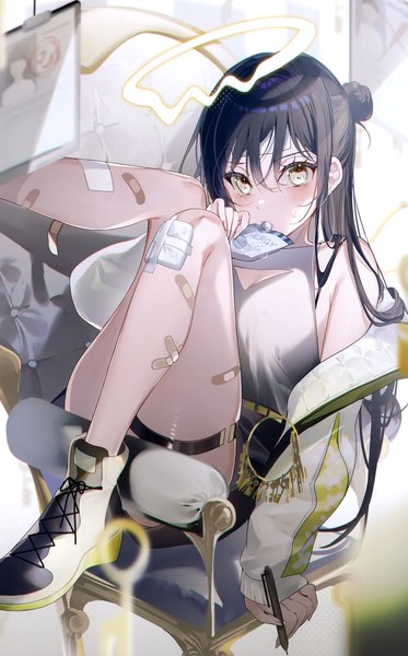 Anime picture 1871x3008 with original miwano rag single long hair tall image looking at viewer blush fringe highres light erotic black hair hair between eyes holding yellow eyes bent knee (knees) long sleeves scan off shoulder arm support hair bun (hair buns)