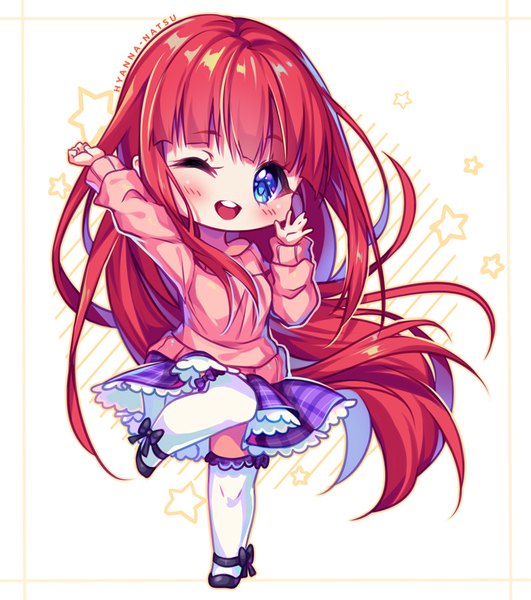 Anime picture 797x900 with original hyanna-natsu single tall image blush fringe blue eyes standing bent knee (knees) red hair blunt bangs very long hair one eye closed arm up wink standing on one leg chibi girl thighhighs skirt