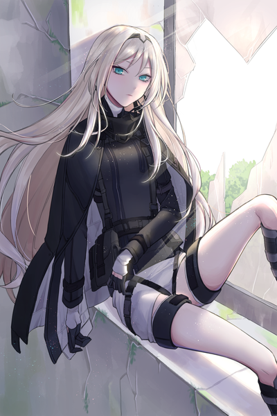 Anime picture 992x1488 with girls frontline an-94 (girls frontline) qb 516 single long hair tall image looking at viewer fringe blonde hair hair between eyes sitting payot bent knee (knees) indoors long sleeves head tilt aqua eyes wind sunlight clothes on shoulders