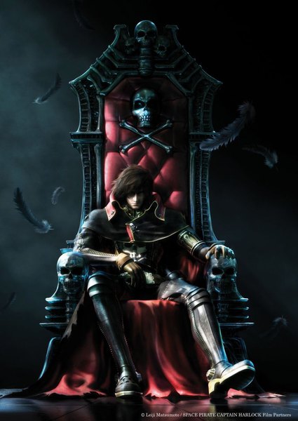 Anime picture 736x1040 with uchuu kaizoku captain harlock toei animation captain harlock single long hair tall image looking at viewer brown hair sitting full body official art dark background skull and crossbones boy gloves boots thigh boots cape feather (feathers) skull