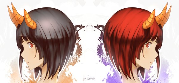 Anime picture 1280x597 with original ex-trident fringe short hair black hair simple background wide image white background multiple girls looking away red hair profile horn (horns) orange eyes oni horns girl 2 girls