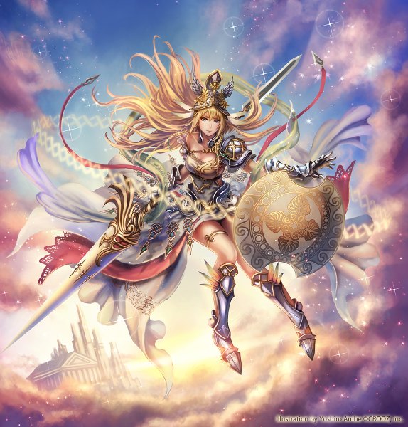 Anime picture 1147x1200 with original anbe yoshirou single long hair tall image looking at viewer blue eyes blonde hair cloud (clouds) magic flying fantasy girl weapon sword boots belt armor thigh strap sun
