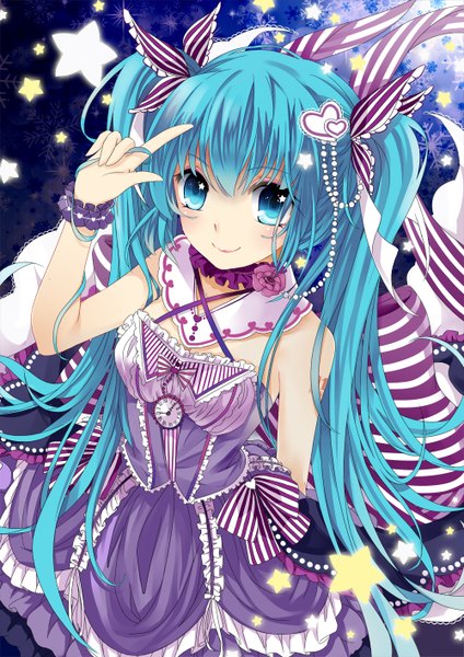Anime picture 1000x1414 with vocaloid hatsune miku tot (zhxto) tall image looking at viewer blue eyes smile twintails blue hair very long hair girl dress bow hair bow frills star (symbol)