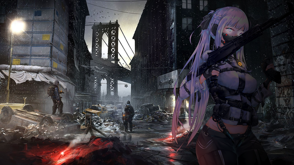 Anime-Bild 7680x4320 mit girls frontline the division ak-12 (girls frontline) sytoc kaypaul long hair looking at viewer fringe highres wide image standing holding payot absurdres sky purple hair outdoors blunt bangs long sleeves pink eyes