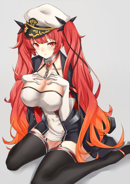 Anime picture 877x1239 with azur lane honolulu (azur lane) asya single long hair tall image looking at viewer blush fringe breasts light erotic simple background red eyes large breasts sitting twintails cleavage red hair from above grey background