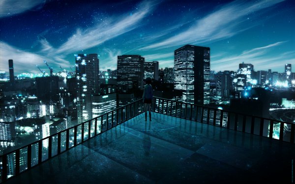 Anime picture 1920x1200 with original tagme (artist) highres short hair wide image sky cloud (clouds) night city cityscape city lights girl skirt uniform school uniform building (buildings) star (stars) roof