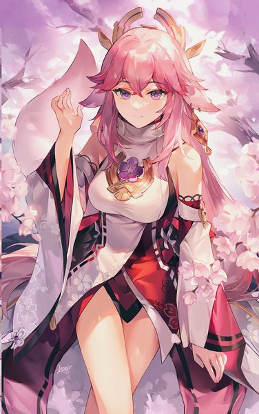Anime picture 1332x2127 with genshin impact yae miko kocir single long hair tall image fringe smile hair between eyes purple eyes animal ears pink hair tail traditional clothes japanese clothes animal tail fox ears cherry blossoms fox tail fox girl