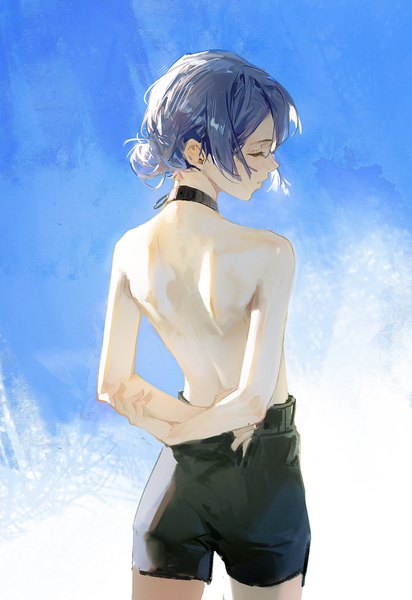 Anime picture 1200x1749 with chainsaw man mappa reze (chainsaw man) dino (dinoartforame) single tall image fringe short hair light erotic hair between eyes standing blue hair eyes closed profile from behind hair bun (hair buns) topless hands behind back girl choker