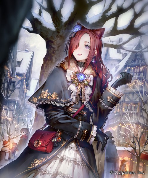 Anime picture 3000x3600 with shingeki no bahamut ceres (shingeki no bahamut) okada manabi long hair tall image blush fringe highres open mouth standing purple eyes looking away outdoors red hair long sleeves :d hair over one eye official art dutch angle fur trim