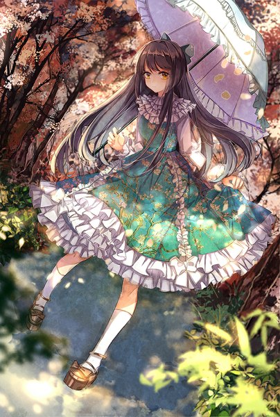 Anime picture 700x1038 with original vima single long hair tall image looking at viewer blush fringe brown hair standing holding yellow eyes sunlight floral print girl dress bow plant (plants) hair bow tree (trees)