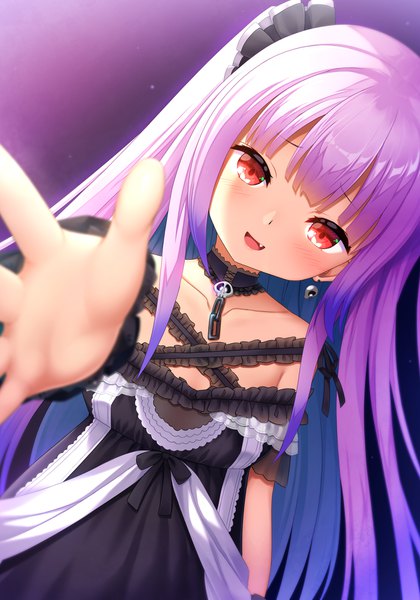 Anime picture 1400x2000 with virtual youtuber hololive uruha rushia uruha rushia (3rd costume) noshimasa single long hair tall image looking at viewer blush fringe breasts open mouth simple background smile red eyes standing payot purple hair blunt bangs