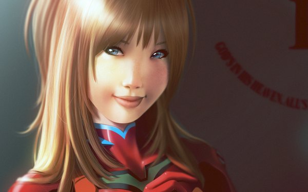 Anime picture 1440x900 with neon genesis evangelion rebuild of evangelion evangelion: 2.0 you can (not) advance gainax soryu asuka langley lenadrofranci single long hair fringe blue eyes smile brown hair wide image lips portrait face nerv girl pilot suit
