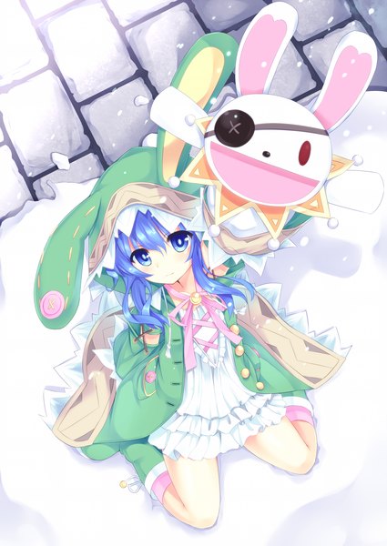 Anime picture 1250x1765 with date a live yoshino (date a live) yoshinon east01 06 single long hair tall image looking at viewer blue eyes blue hair from above snowing winter girl dress hood toy stuffed animal