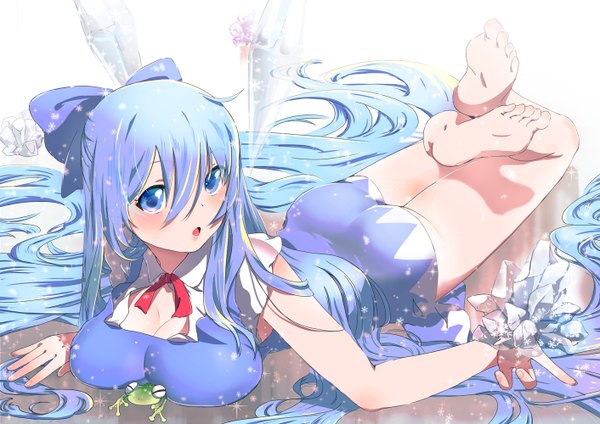 Anime picture 1412x1000 with touhou cirno yamada ranga single looking at viewer blush breasts blue eyes light erotic large breasts blue hair ass lying very long hair barefoot alternate hairstyle on stomach breast press alternate hair length girl