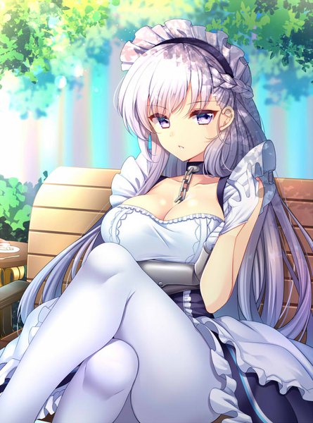 Anime-Bild 700x943 mit azur lane belfast (azur lane) agekichi (heart shape) single long hair tall image looking at viewer blush fringe breasts light erotic large breasts sitting purple eyes cleavage silver hair outdoors braid (braids) parted lips maid