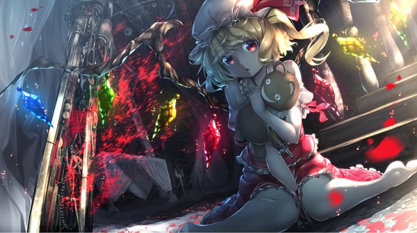 Anime picture 1791x1000 with touhou flandre scarlet ryosios single highres short hair blonde hair red eyes wide image sitting one side up revision girl dress petals wings toy stuffed animal bonnet crystal