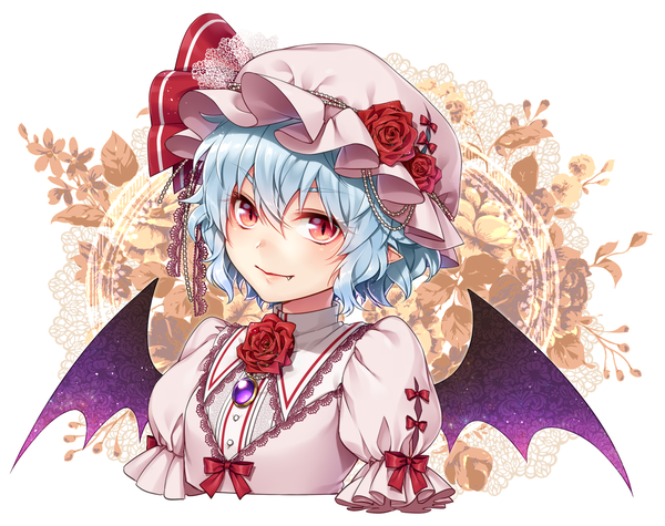Anime-Bild 1878x1488 mit touhou remilia scarlet kuronohana single looking at viewer fringe highres short hair smile hair between eyes red eyes blue hair pointy ears fang (fangs) puffy sleeves slit pupils curly hair adapted costume girl flower (flowers)