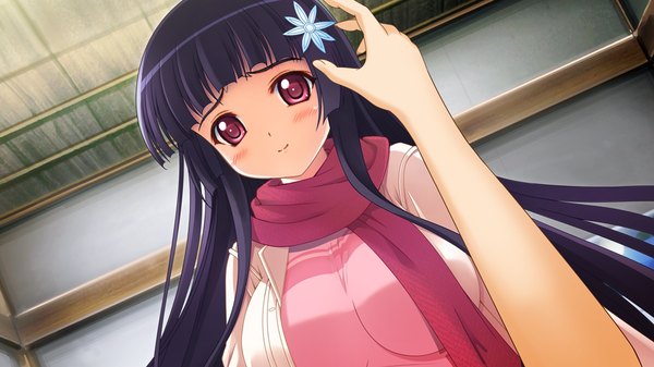 Anime picture 1024x576 with yukiiro long hair blush black hair red eyes wide image game cg girl hair ornament scarf