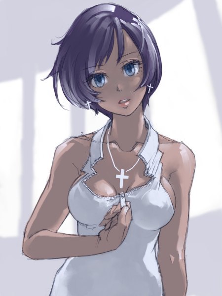 Anime picture 900x1200 with original pomodorosa single tall image looking at viewer short hair blue eyes light erotic bare shoulders purple hair parted lips girl dress earrings pendant cross sundress zipper cross necklace