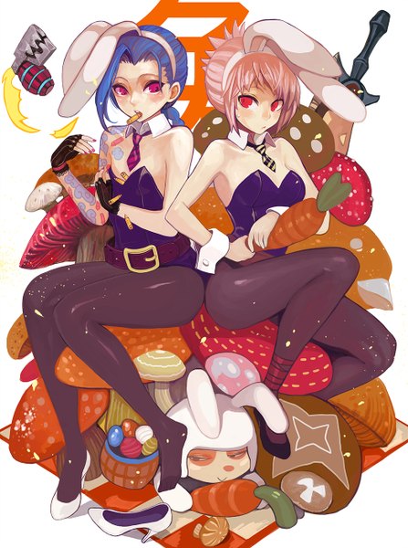 Anime picture 970x1300 with league of legends jinx (league of legends) riven (league of legends) teemo (league of legends) battle bunny riven canking long hair tall image short hair light erotic red eyes sitting purple eyes bare shoulders multiple girls brown eyes animal ears blue hair braid (braids) nail polish