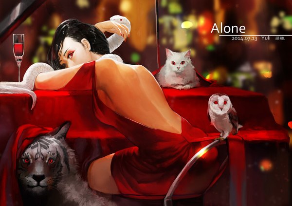 Anime picture 1489x1052 with original hanare single looking at viewer breasts black hair red eyes sitting nail polish fingernails back eyebrows bare back eyeshadow girl dress animal bird (birds) cat red dress