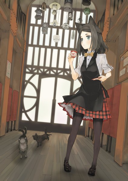 Anime picture 2121x3000 with original single tall image highres short hair blue eyes black hair animal ears cat ears multiple tails waitress girl bowtie cat cup