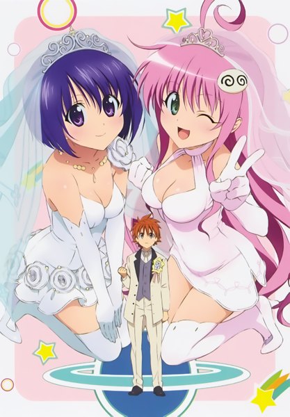 Anime picture 2041x2937 with toloveru xebec lala satalin deviluke sairenji haruna yuuki rito long hair tall image looking at viewer blush highres short hair open mouth smile purple eyes bare shoulders multiple girls green eyes blue hair pink hair ahoge