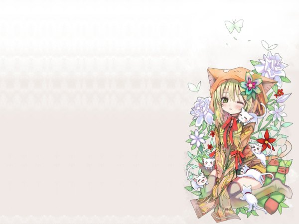 Anime picture 1462x1097 with original tagme (artist) single long hair blush simple background blonde hair green eyes animal ears long sleeves one eye closed hair flower wink cat ears cat girl tears kneeling :3 girl thighhighs