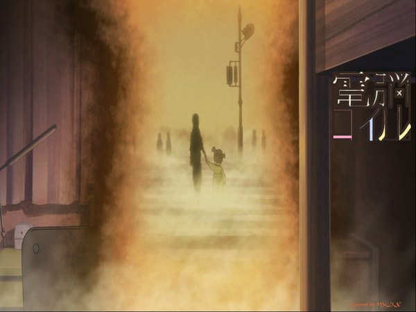 Anime picture 1440x1080 with dennou coil madhouse okonogi kyouko signed braid (braids) from behind twin braids holding hands silhouette street fog crosswalk girl traffic lights
