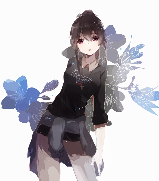 Anime picture 701x800 with original left mouse single long hair tall image looking at viewer fringe open mouth black hair red eyes standing mole hair bun (hair buns) mole under eye floral print twisty sleeves clothes around waist girl jacket