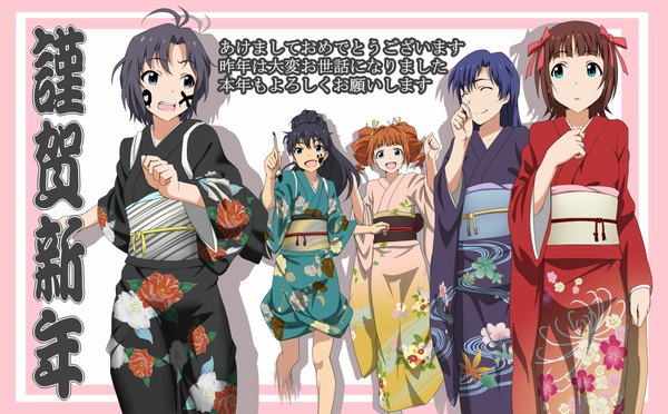 Anime picture 2000x1240 with idolmaster idolmaster (classic) kisaragi chihaya amami haruka ganaha hibiki kikuchi makoto takatsuki yayoi iyakun (artist) long hair blush highres short hair black hair smile brown hair wide image purple eyes multiple girls green eyes blue hair