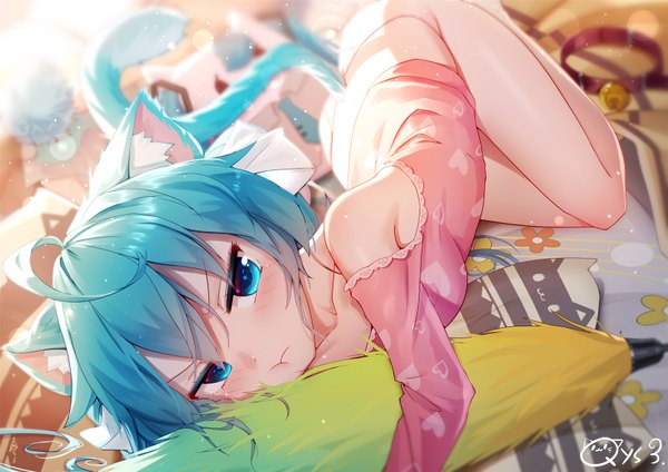 Anime picture 1660x1174 with vocaloid hatsune miku qys3 single long hair looking at viewer blush fringe breasts blue eyes light erotic hair between eyes signed animal ears ahoge tail lying animal tail sunlight blurry
