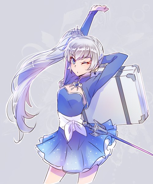 Anime picture 1667x2000 with rwby rooster teeth weiss schnee iesupa single long hair tall image looking at viewer blue eyes simple background silver hair one eye closed arm up grey background :o side ponytail scar revision outline girl
