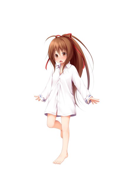 Anime picture 2507x3542 with original tachibana mion (izumi kazusa) haryuu (poetto) single long hair tall image looking at viewer highres open mouth light erotic simple background brown hair standing white background brown eyes full body ahoge ponytail long sleeves barefoot