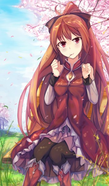 Anime picture 585x1000 with mahou shoujo madoka magica shaft (studio) sakura kyouko kalian single long hair tall image looking at viewer red eyes sitting sky cloud (clouds) ponytail red hair cherry blossoms girl dress plant (plants) petals tree (trees)