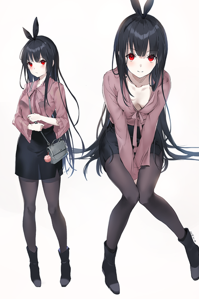 Anime picture 900x1349 with original emyo long hair tall image looking at viewer blush fringe breasts black hair simple background red eyes standing white background sitting signed cleavage full body blunt bangs light smile multiview