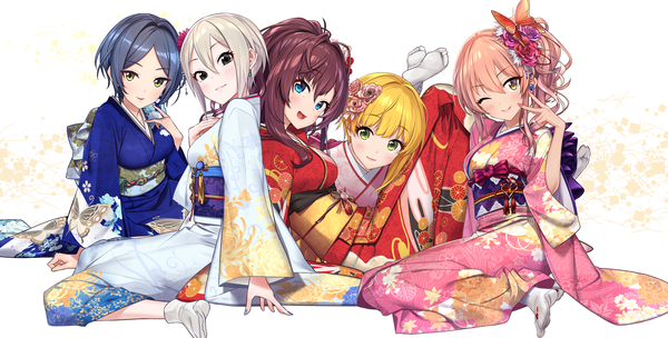 Anime picture 3775x1917 with idolmaster idolmaster cinderella girls ichinose shiki jougasaki mika hayami kanade miyamoto frederica shiomi shuuko baffu long hair looking at viewer blush fringe highres short hair blue eyes blonde hair hair between eyes brown hair wide image sitting