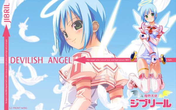 Anime picture 1680x1050 with makai tenshi djibril manabe rika djibril (makai tenshi djibril) kuuchuu yousai single looking at viewer short hair light erotic wide image green eyes blue hair upper body light smile from behind wallpaper copyright name white wings angel logo girl