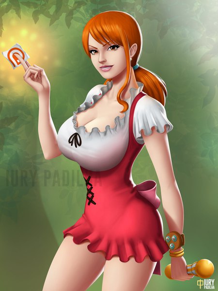 Anime picture 825x1100 with one piece toei animation nami (one piece) iury padilha single long hair tall image looking at viewer fringe breasts light erotic smile large breasts standing holding brown eyes signed cleavage parted lips fingernails