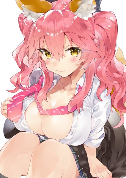 Anime picture 1500x2121 with fate (series) fate/extra fate/extella tamamo (fate) (all) tamamo jk (fate) kou mashiro single long hair tall image looking at viewer blush fringe breasts light erotic simple background smile hair between eyes large breasts white background sitting