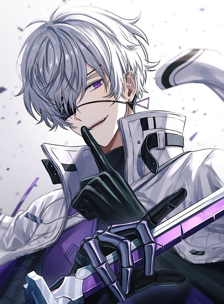 Anime picture 800x1085 with tokyo aliens amamiya reiji (tokyo aliens) azuma hatori single tall image looking at viewer fringe short hair purple eyes silver hair upper body hair over one eye finger to mouth clothes on shoulders boy gloves earrings black gloves jacket eyepatch
