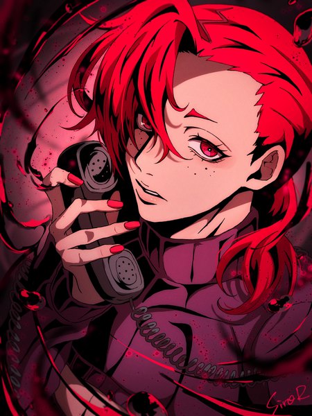 Anime picture 2700x3600 with jojo no kimyou na bouken vinegar doppio siroraku single long hair tall image looking at viewer highres red eyes signed red hair nail polish parted lips from above red nail polish freckles boy turtleneck phone