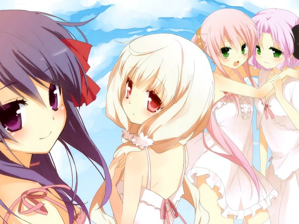 Anime picture 1920x1440 with cafe sourire cuffs (studio) mizushima serika yukishita miyuri mizushima kasumi ogiwara kyouko long hair blush highres short hair open mouth blonde hair smile red eyes purple eyes twintails multiple girls green eyes pink hair sky