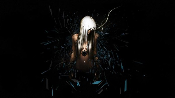 Anime picture 1600x900 with original xlopp single long hair fringe highres light erotic wide image white hair piercing hair over breasts hair over eyes girl gloves navel pendant