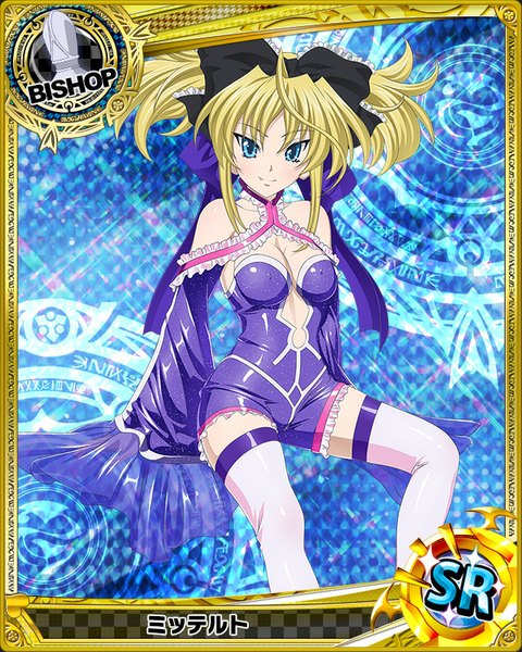 Anime picture 640x800 with highschool dxd mittelt single long hair tall image looking at viewer breasts blue eyes light erotic blonde hair smile loli card (medium) girl thighhighs bow hair bow